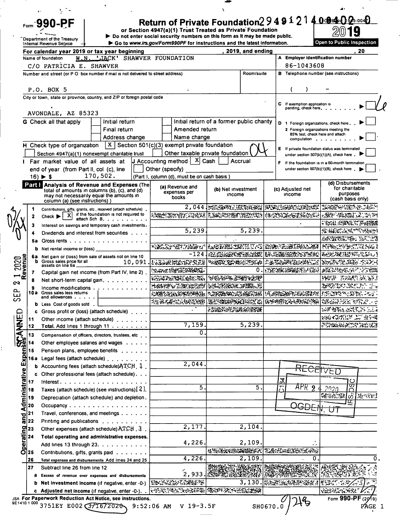 Image of first page of 2019 Form 990PR for WN 'jack' Shawver Foundation