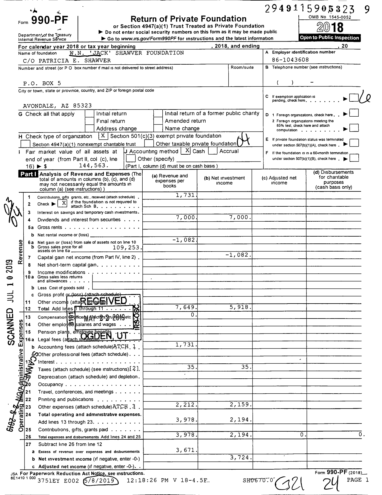 Image of first page of 2018 Form 990PF for WN 'jack' Shawver Foundation