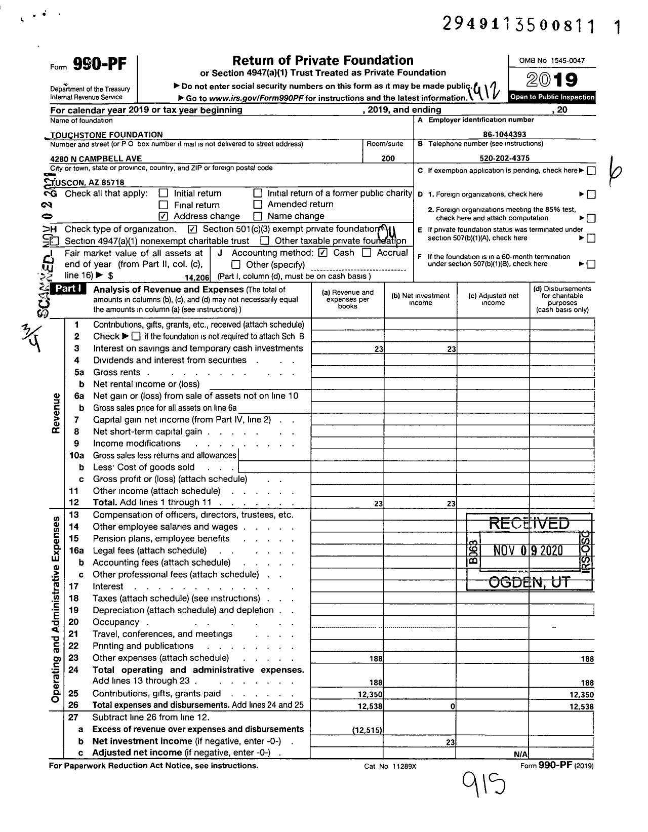 Image of first page of 2019 Form 990PF for Touchstone Foundation