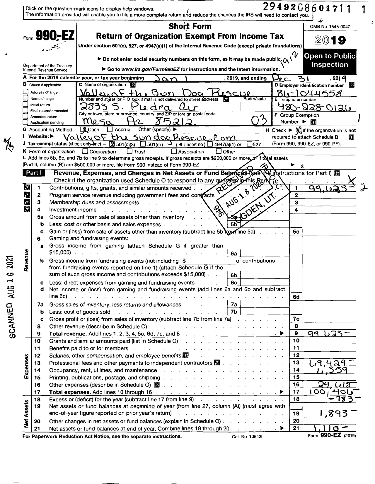 Image of first page of 2019 Form 990EZ for Valley of the Sun Dog Rescue