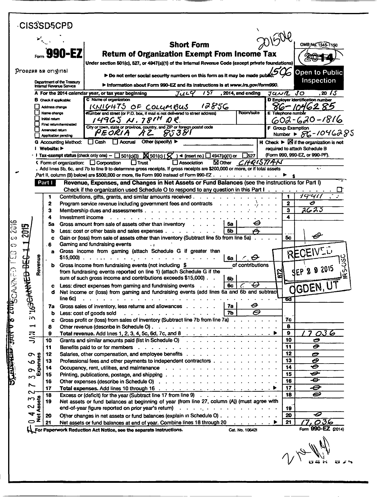 Image of first page of 2014 Form 990EO for Knights of Columbus - 12856 St James Fisher-Council