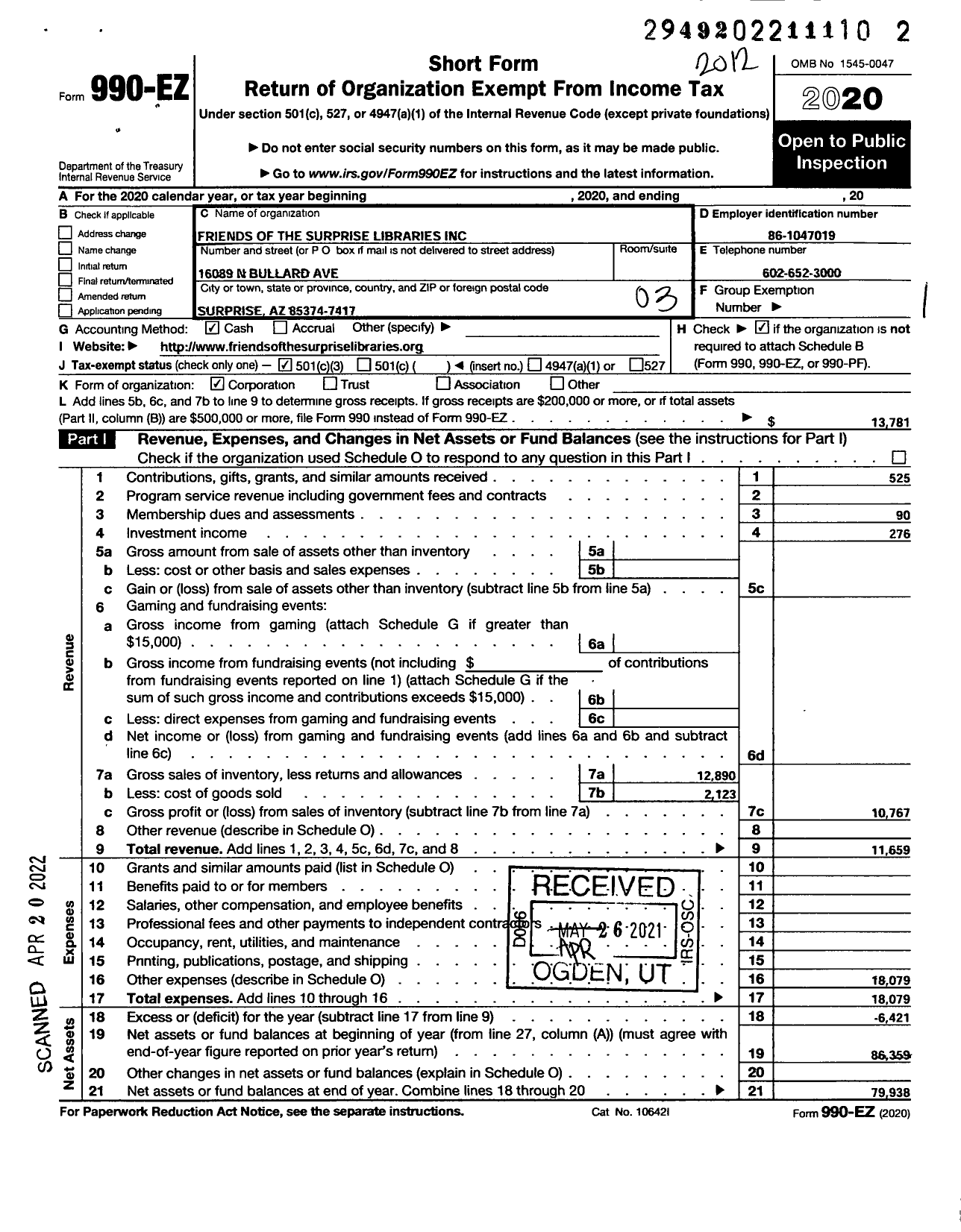 Image of first page of 2020 Form 990EZ for Friends of the Surprise Libraries