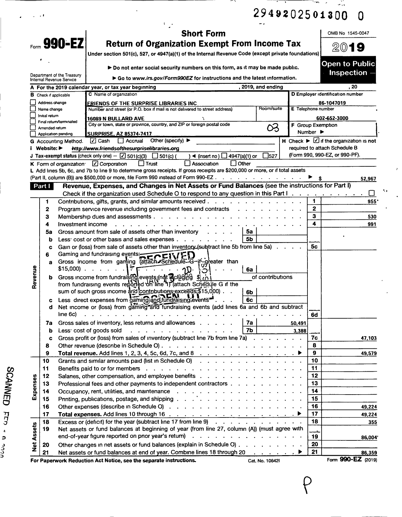 Image of first page of 2019 Form 990EZ for Friends of the Surprise Libraries