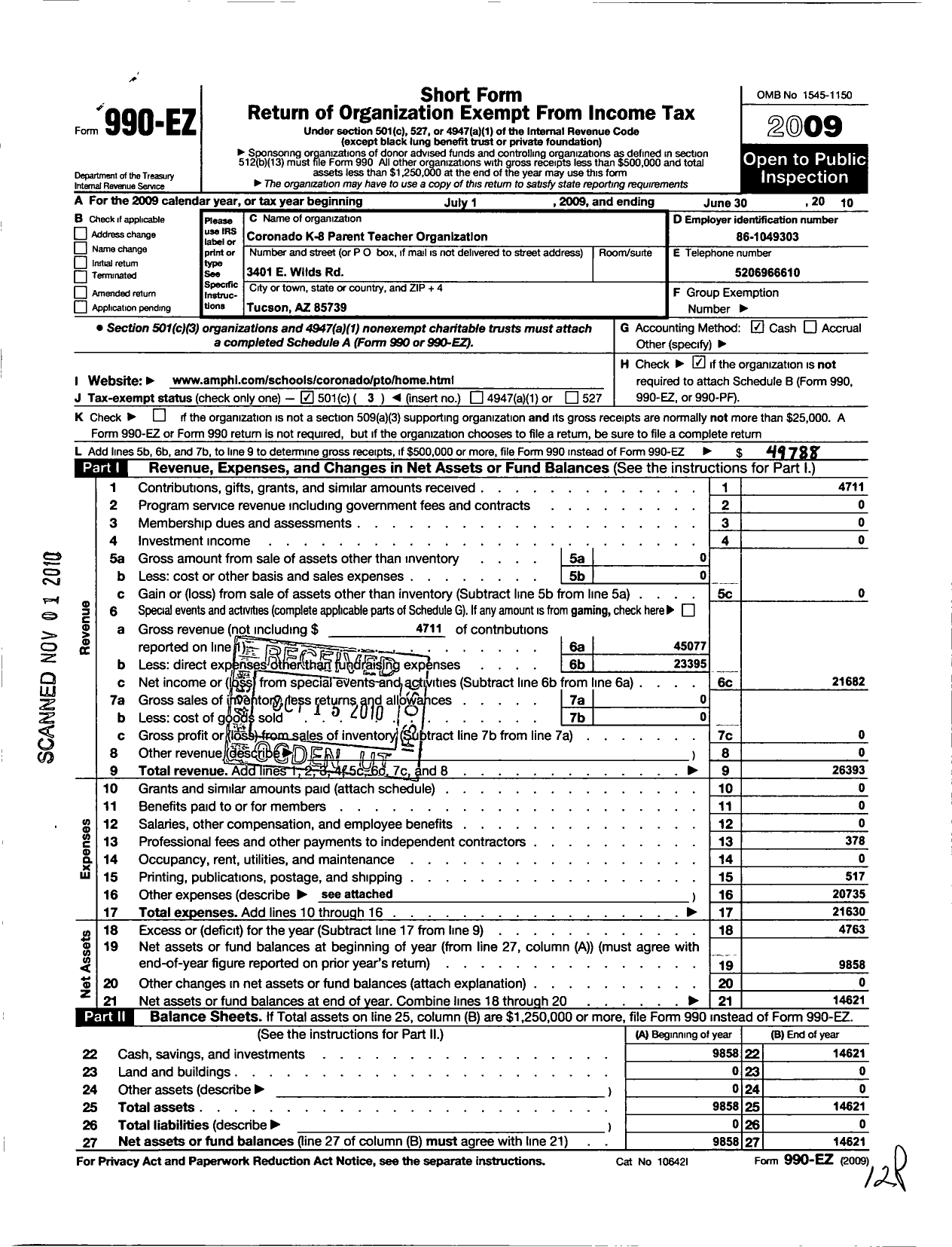 Image of first page of 2009 Form 990EZ for Coronado Pto