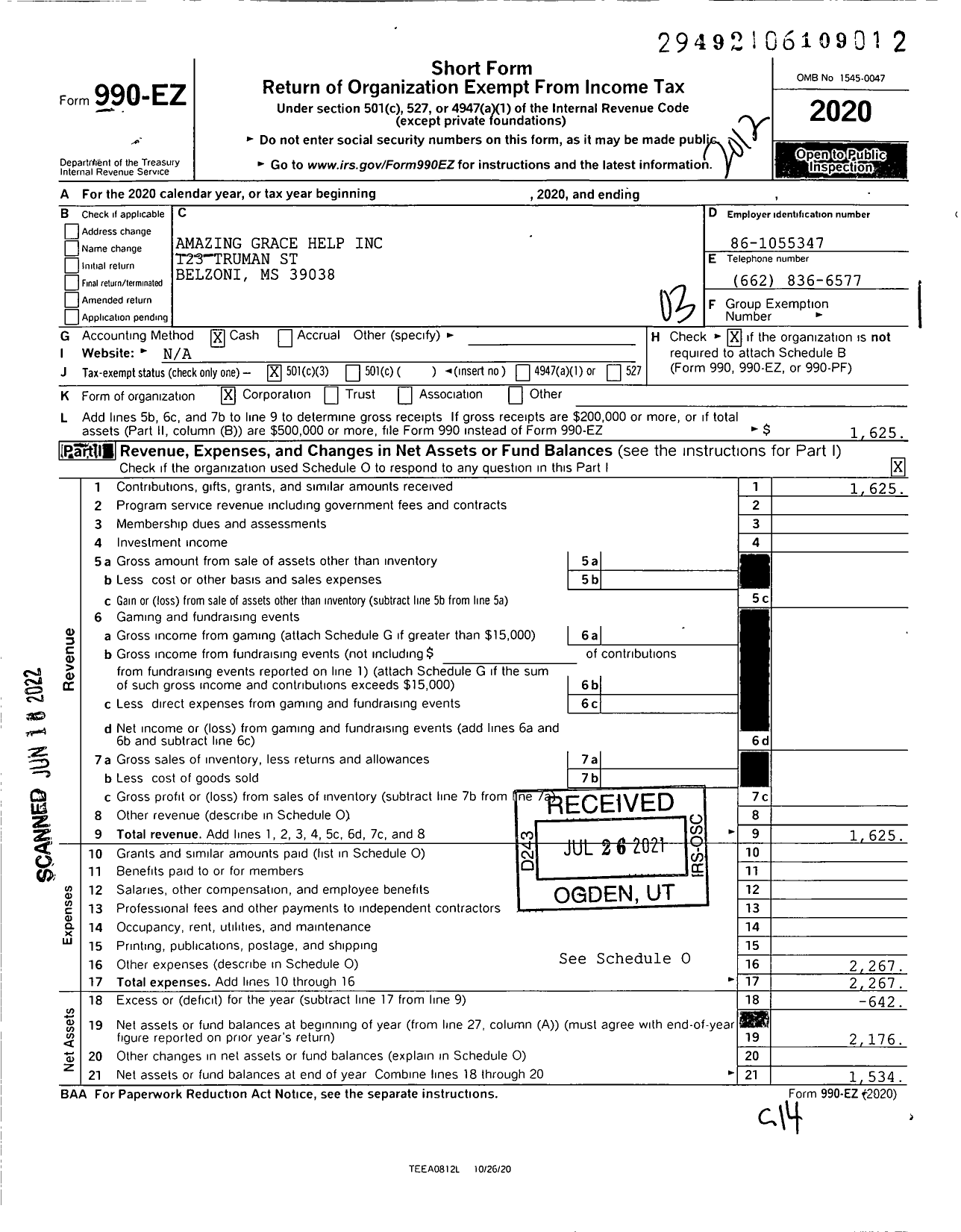 Image of first page of 2020 Form 990EZ for Amazing Grace Help