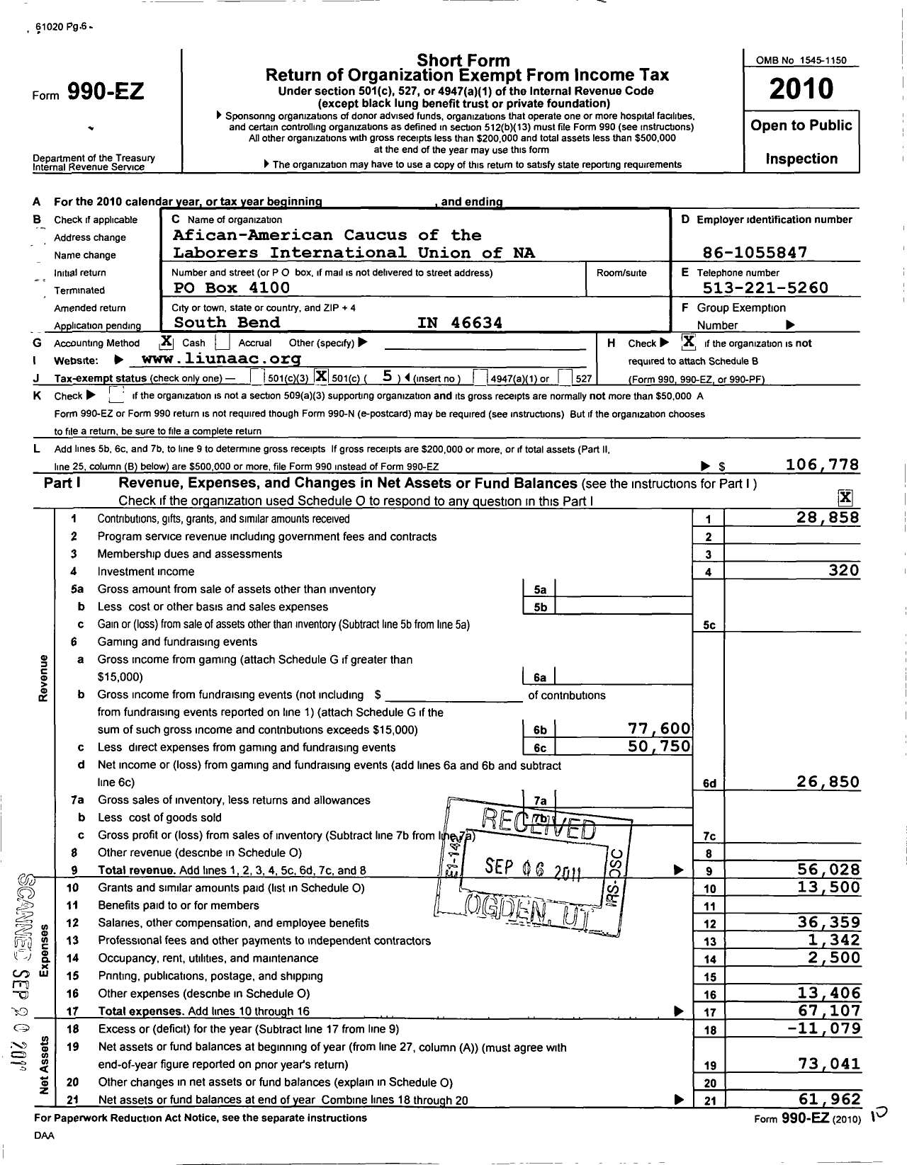 Image of first page of 2010 Form 990EO for African American Caucus