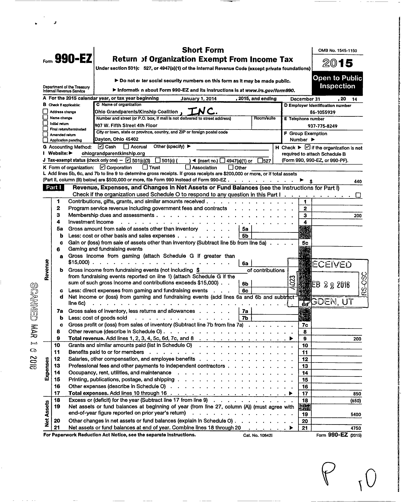 Image of first page of 2014 Form 990EZ for Ohio Grandparents Kinship Coalition