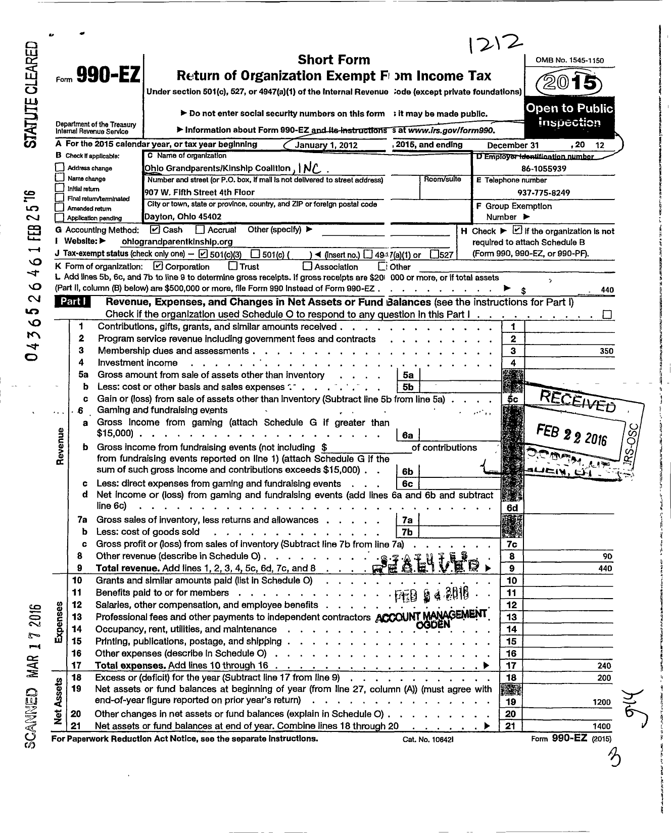 Image of first page of 2012 Form 990EZ for Ohio Grandparents Kinship Coalition