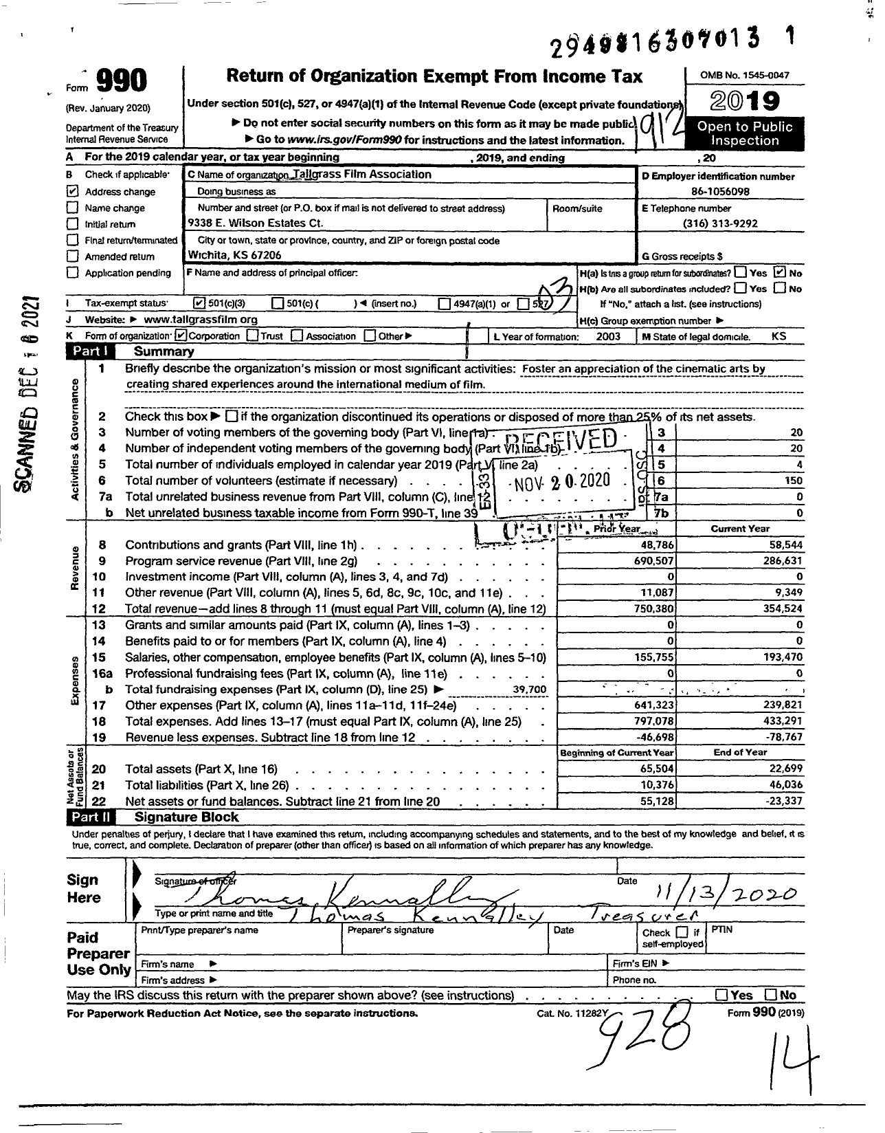 Image of first page of 2019 Form 990 for Tallgrass Film Association