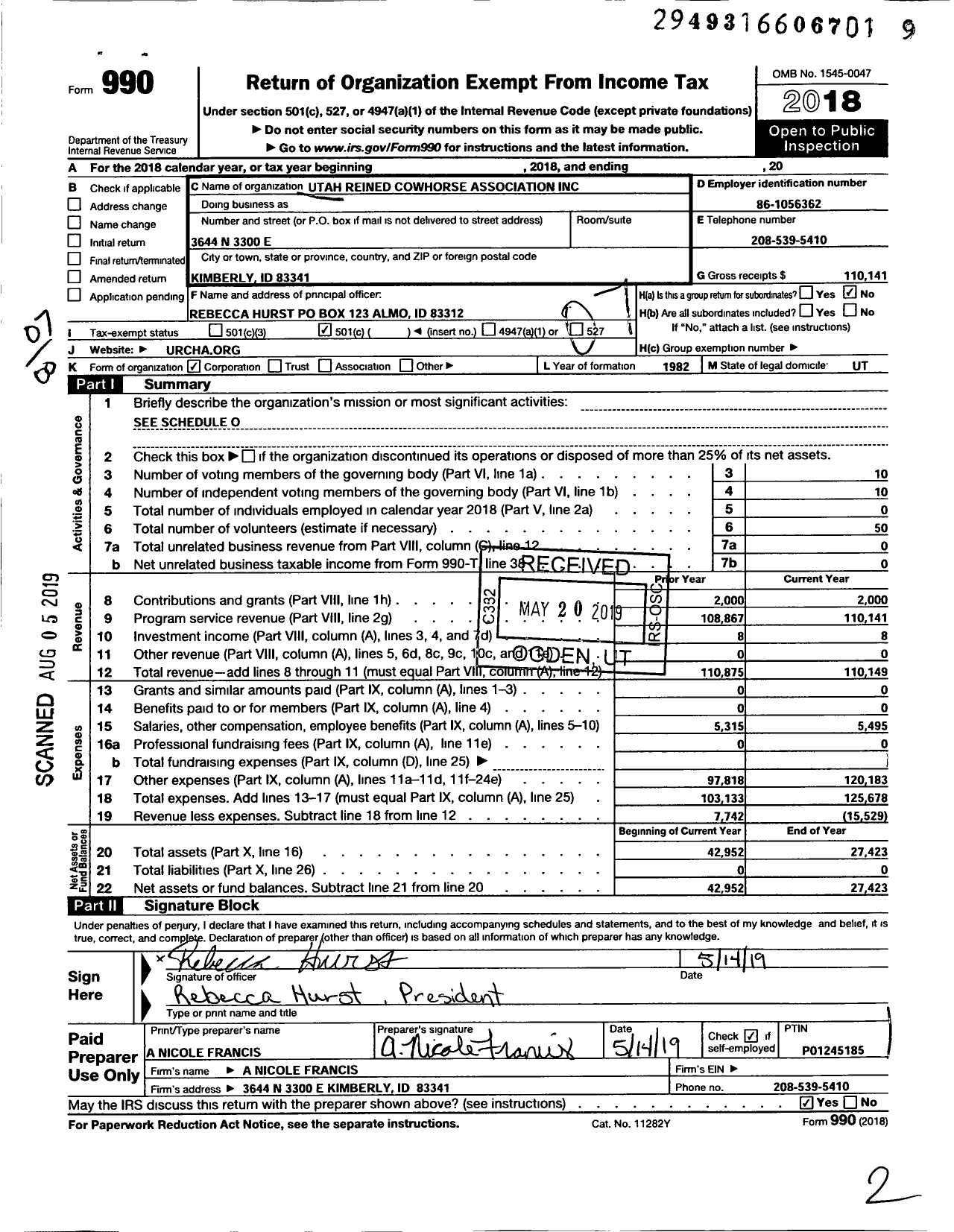 Image of first page of 2018 Form 990O for Utah Reined Cowhorse Association