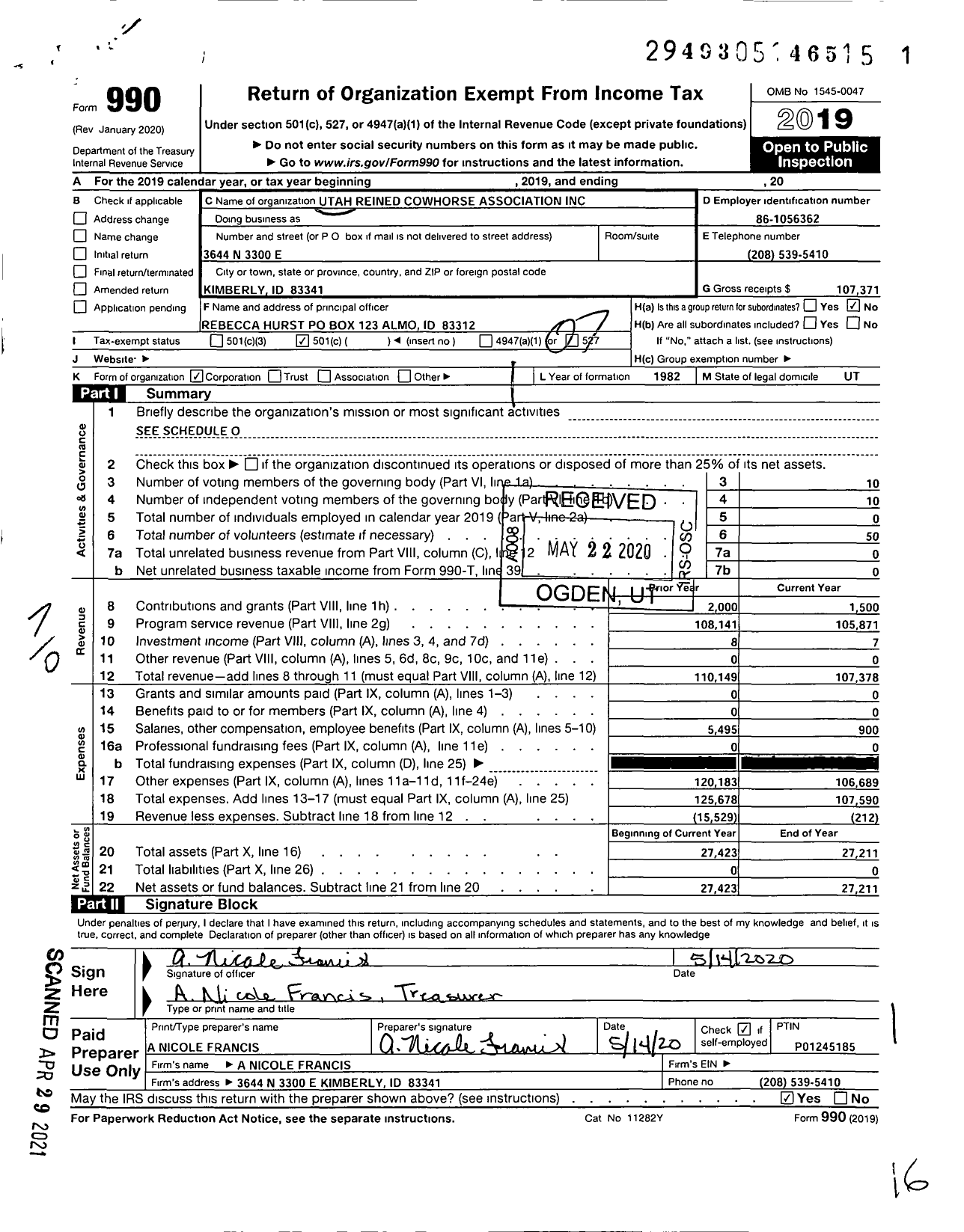 Image of first page of 2019 Form 990O for Utah Reined Cowhorse Association