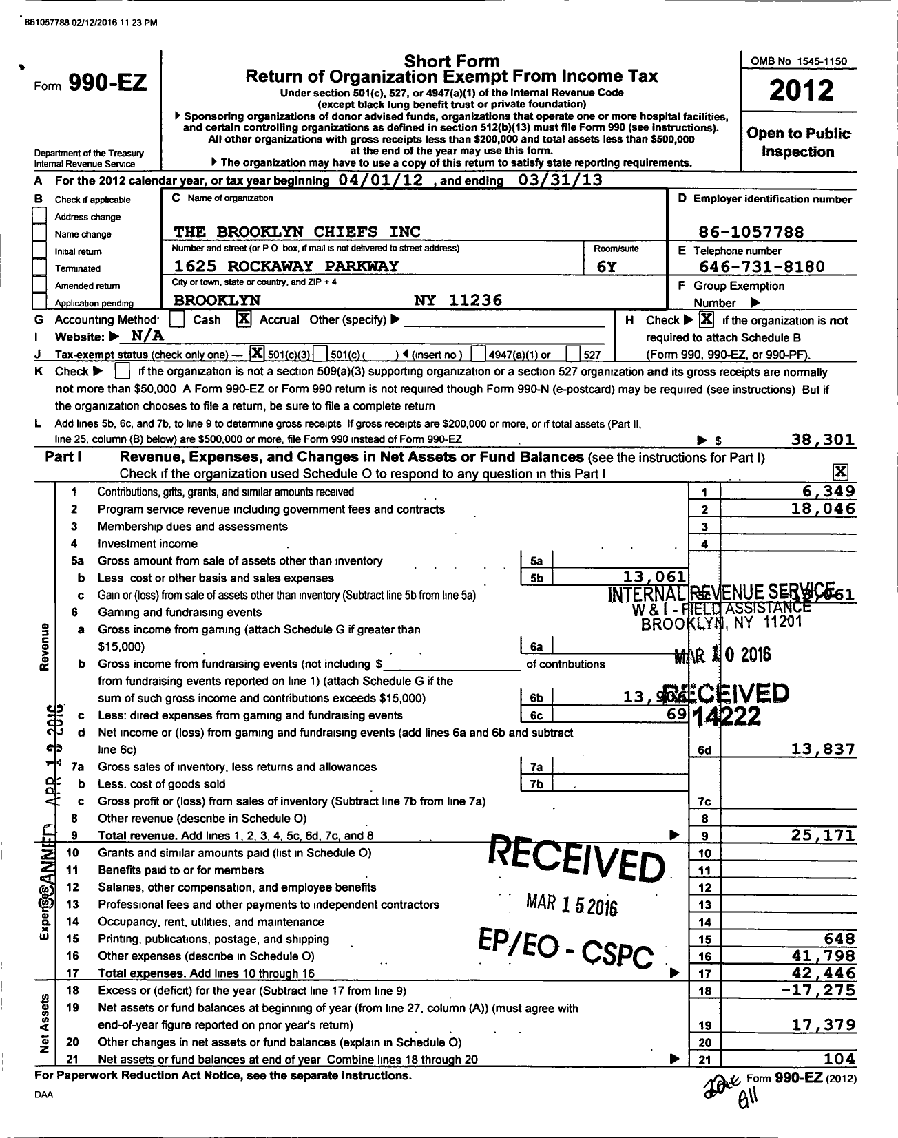 Image of first page of 2012 Form 990EZ for The Brooklyn Chiefs