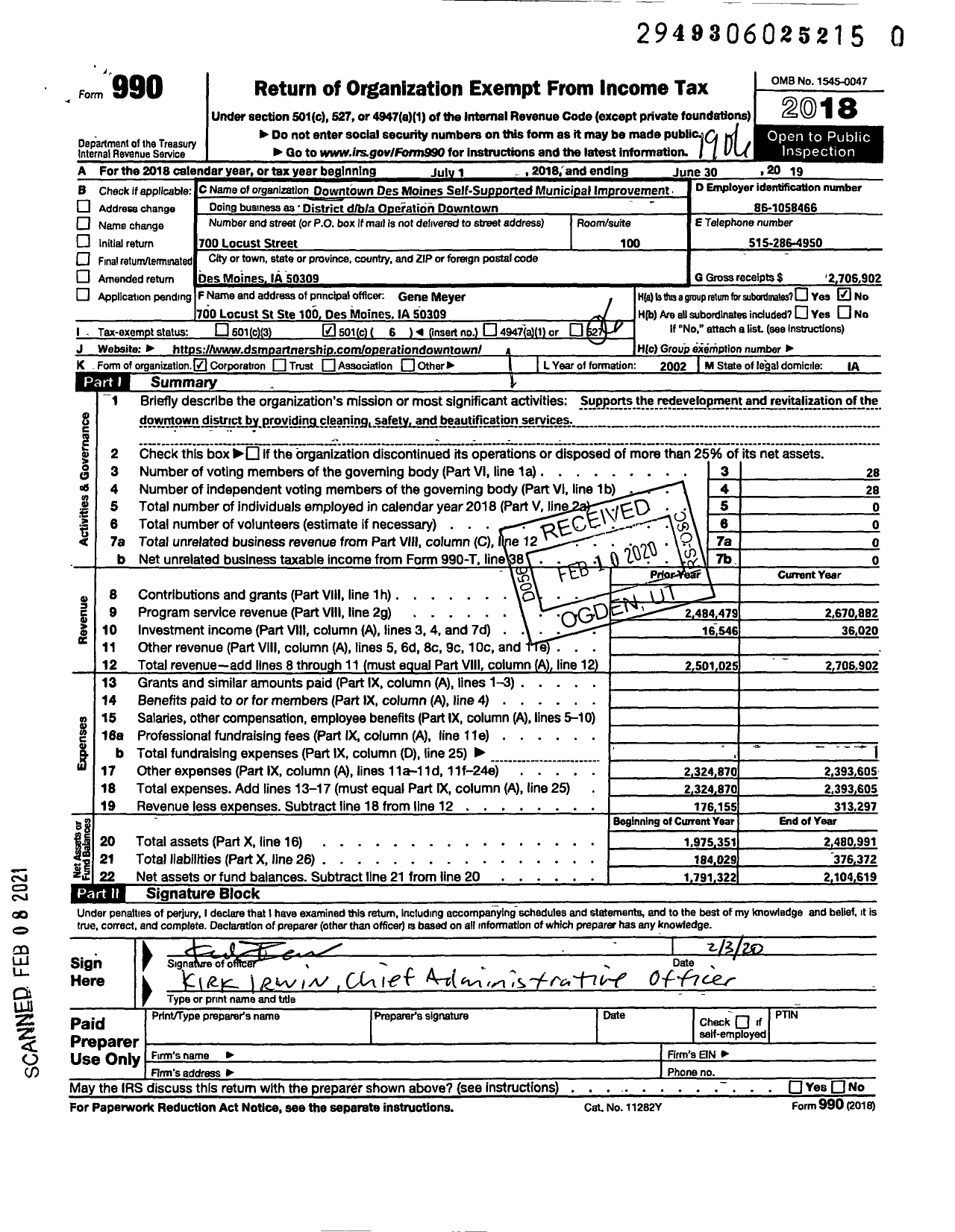 Image of first page of 2018 Form 990O for Operation Downtown