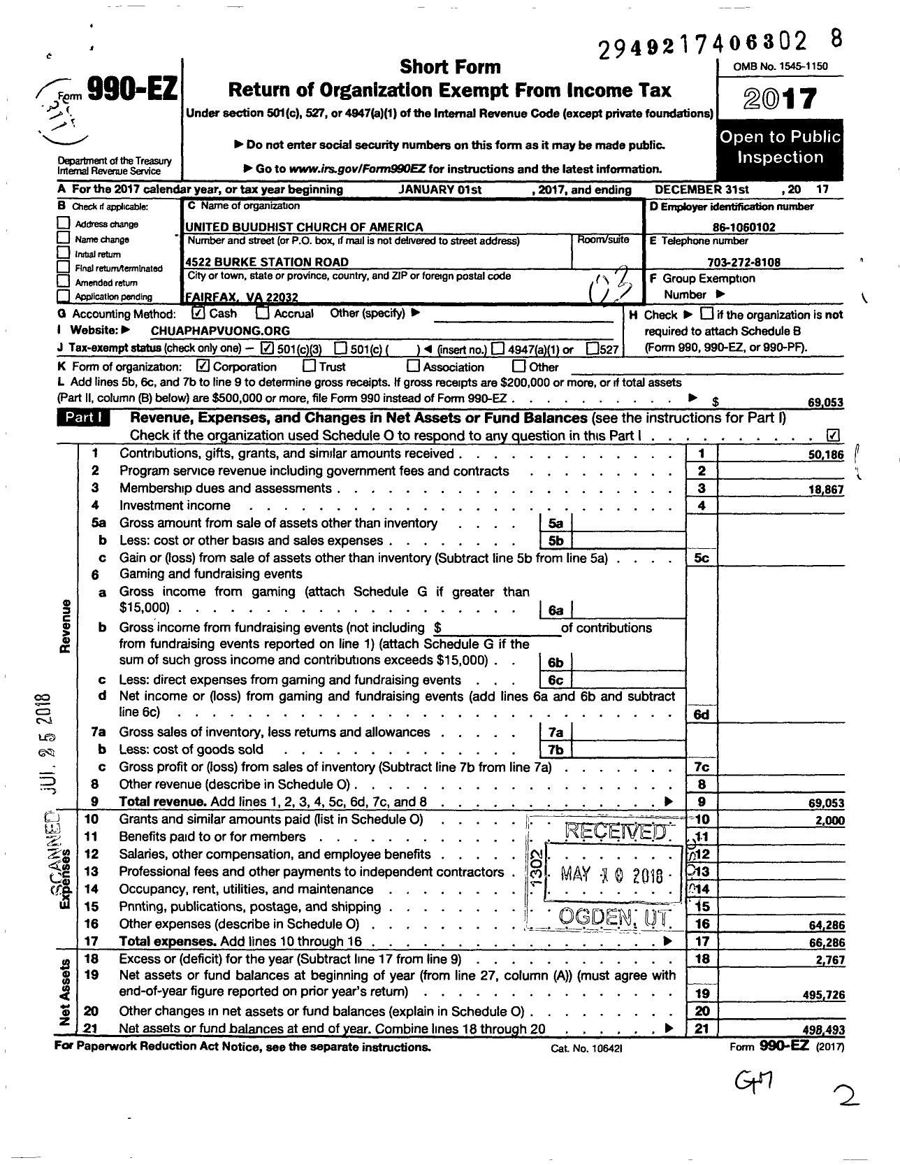 Image of first page of 2017 Form 990EZ for United Buddhist Church of America- Ananda Med Inst-Tu Vien Phap Vuong