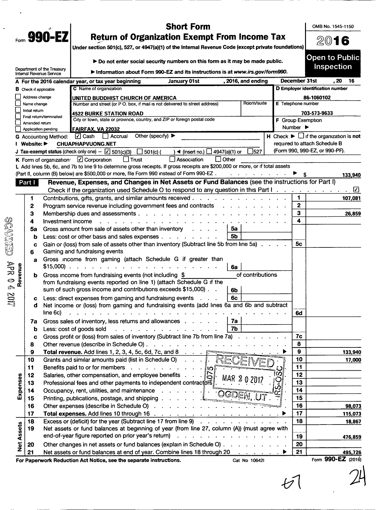 Image of first page of 2016 Form 990EZ for United Buddhist Church of America- Ananda Med Inst-Tu Vien Phap Vuong