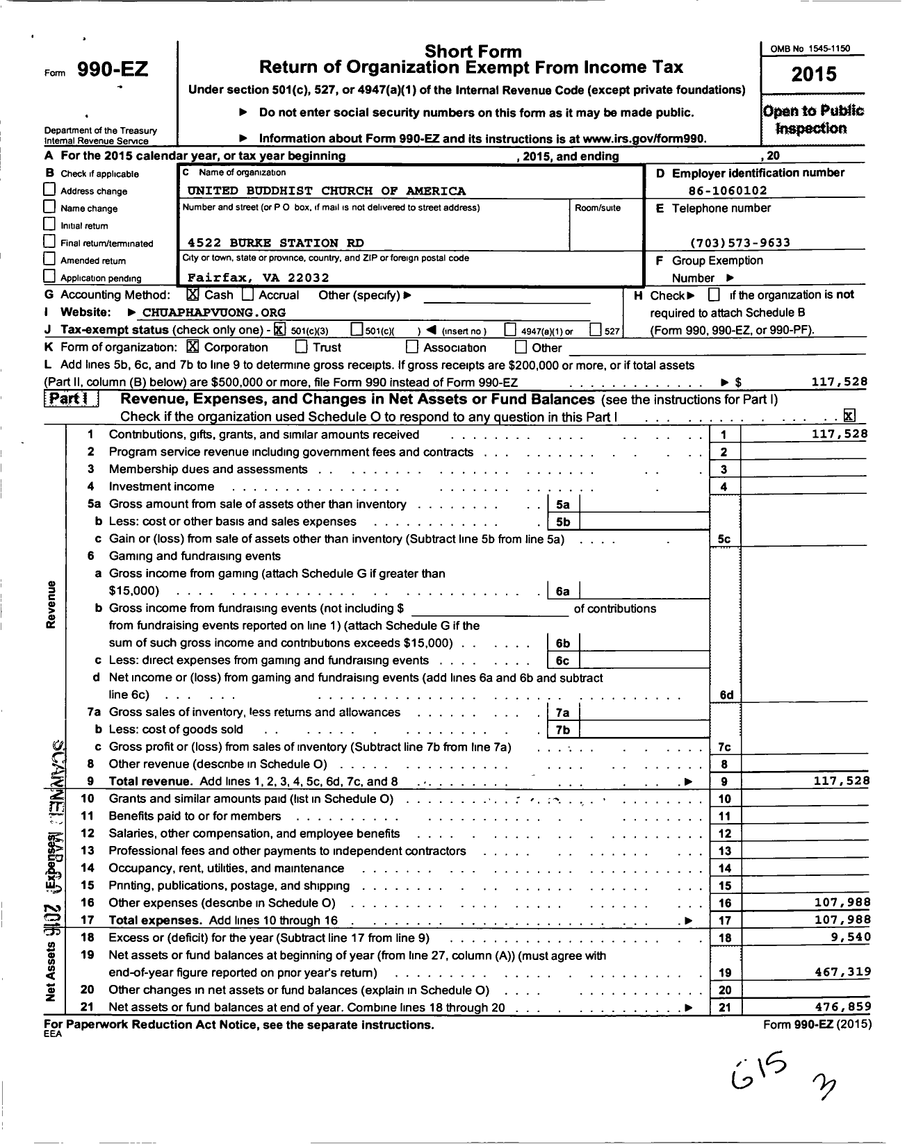 Image of first page of 2015 Form 990EZ for United Buddhist Church of America- Ananda Med Inst-Tu Vien Phap Vuong