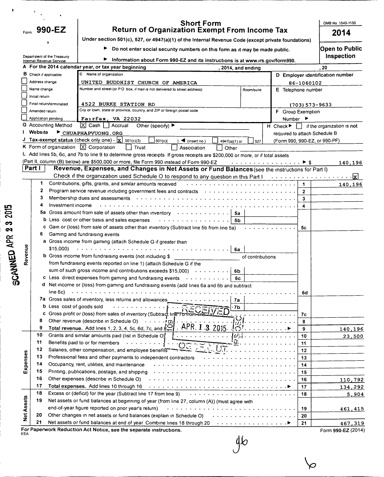 Image of first page of 2014 Form 990EZ for United Buddhist Church of America- Ananda Med Inst-Tu Vien Phap Vuong