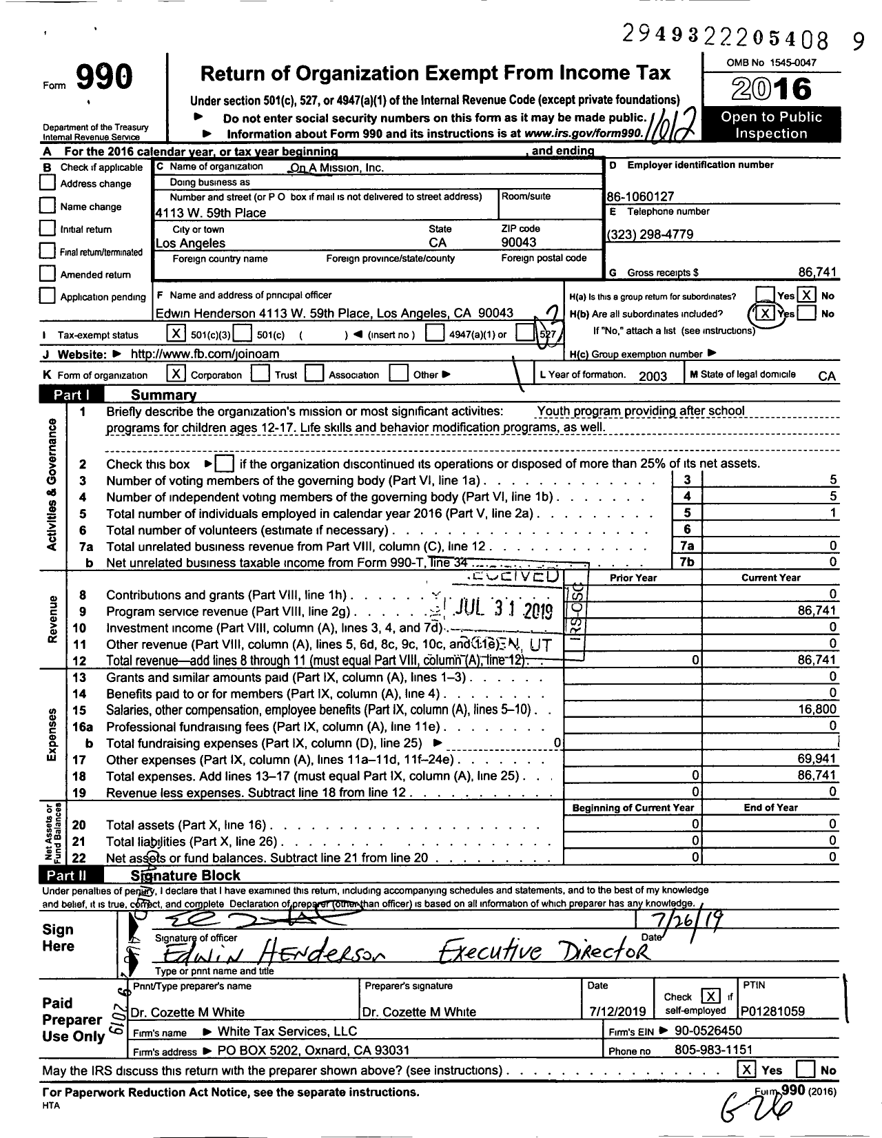 Image of first page of 2016 Form 990 for On A Mission