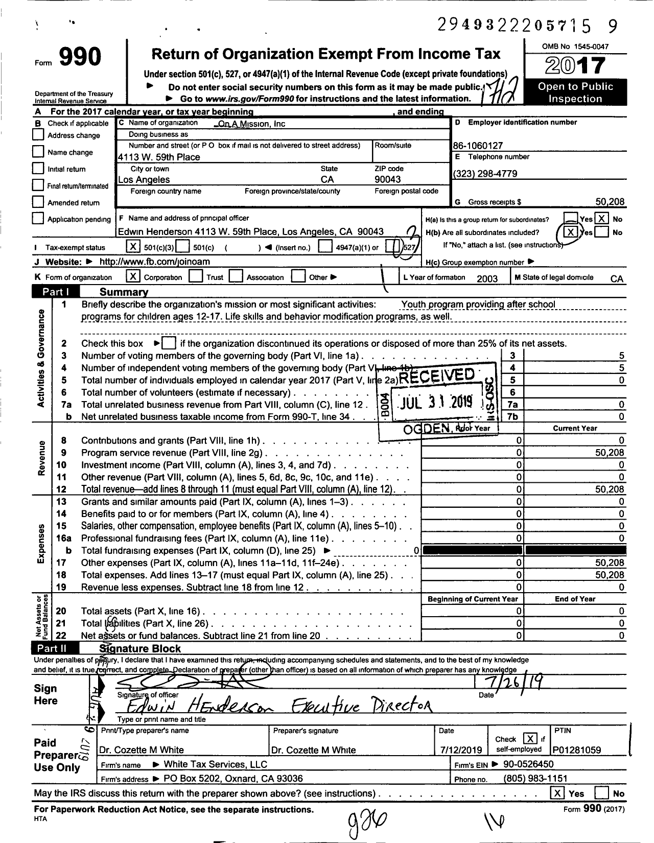 Image of first page of 2017 Form 990 for On A Mission