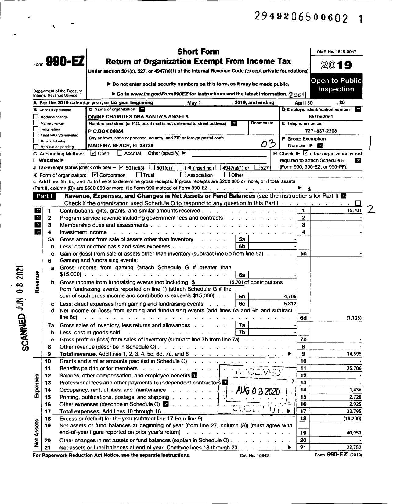 Image of first page of 2019 Form 990EZ for Divine Charities