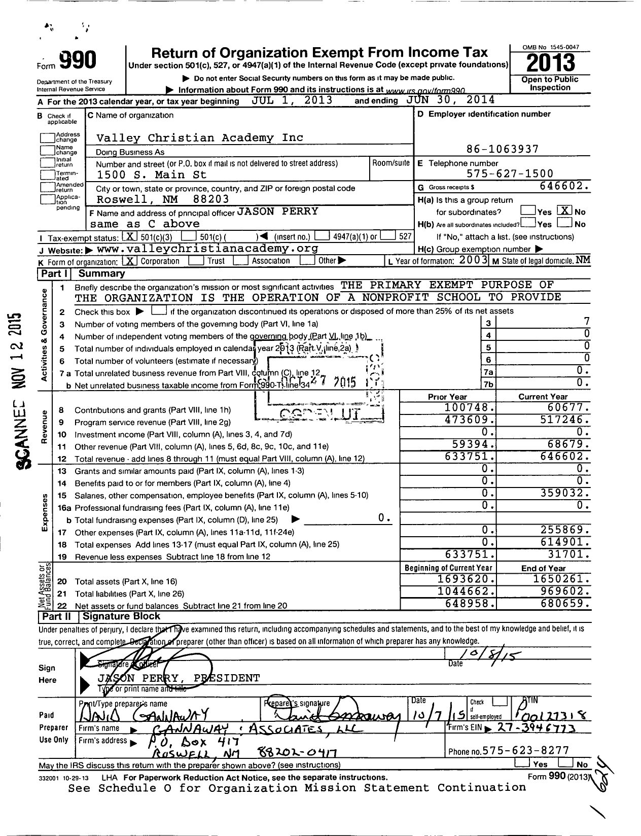 Image of first page of 2013 Form 990 for Valley Christian Academy