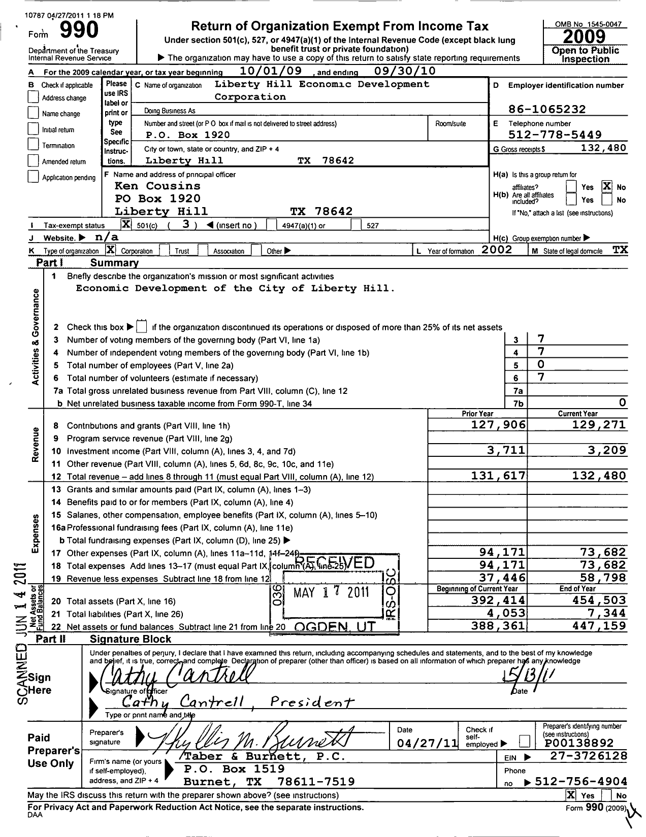 Image of first page of 2009 Form 990 for Liberty Hill Economic Development Corporation