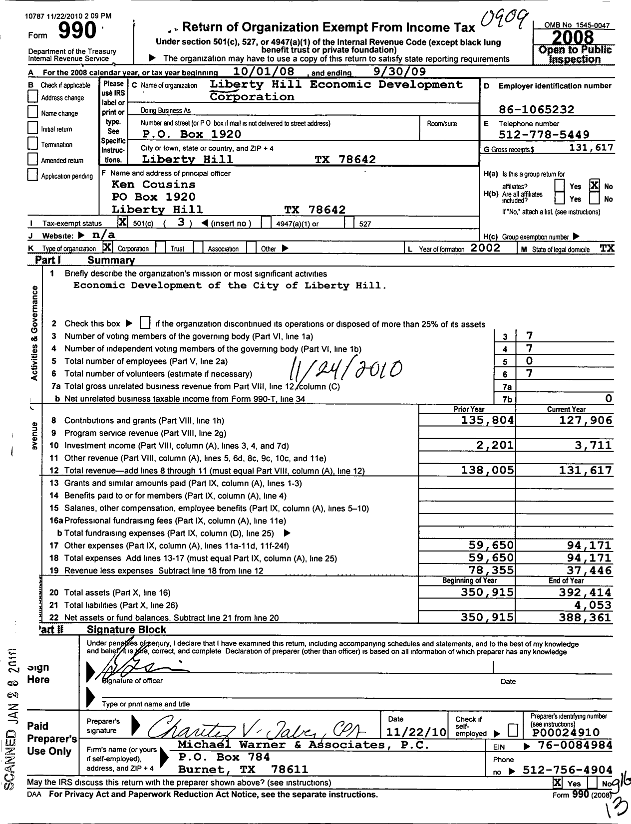 Image of first page of 2008 Form 990 for Liberty Hill Economic Development Corporation