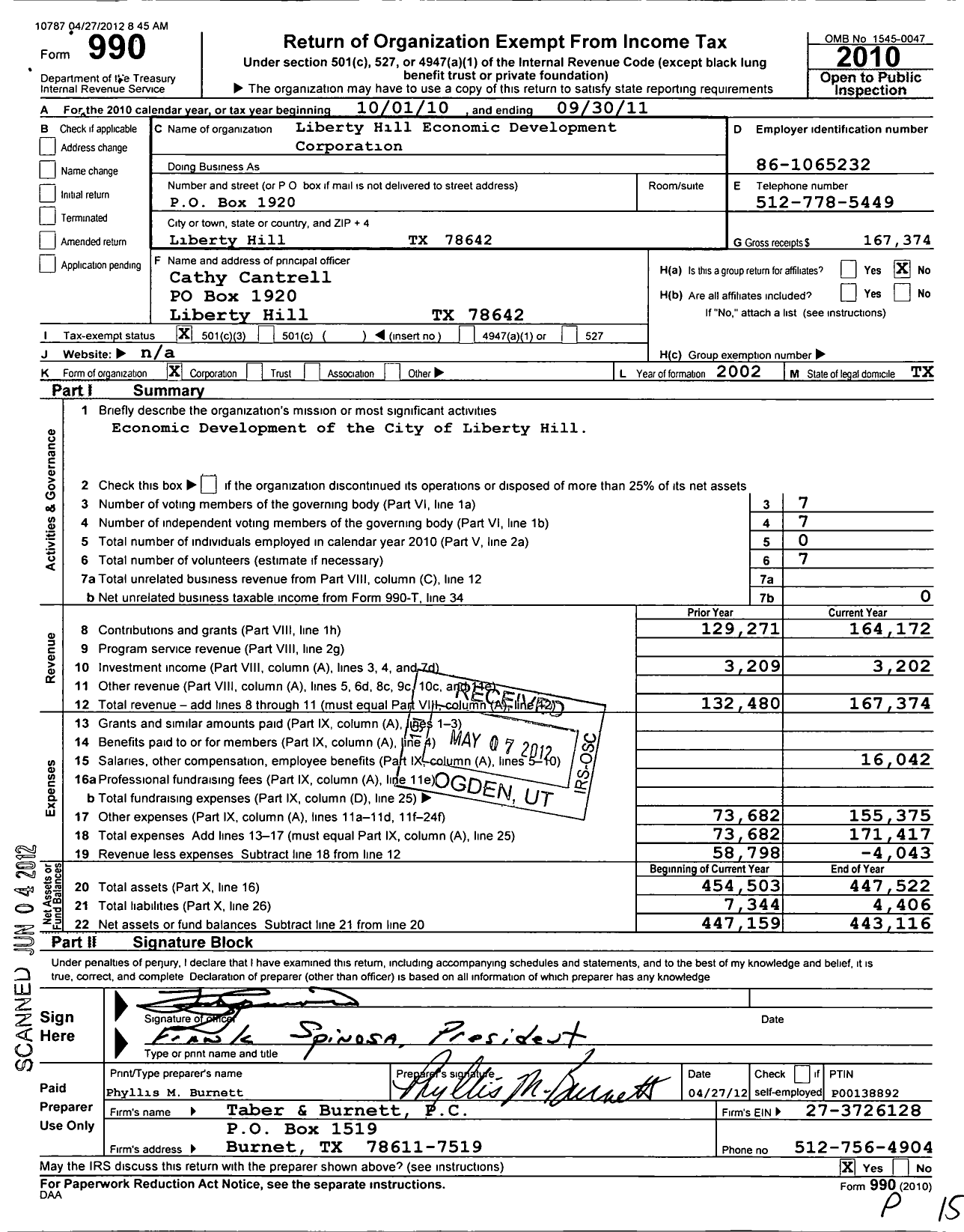 Image of first page of 2010 Form 990 for Liberty Hill Economic Development Corporation