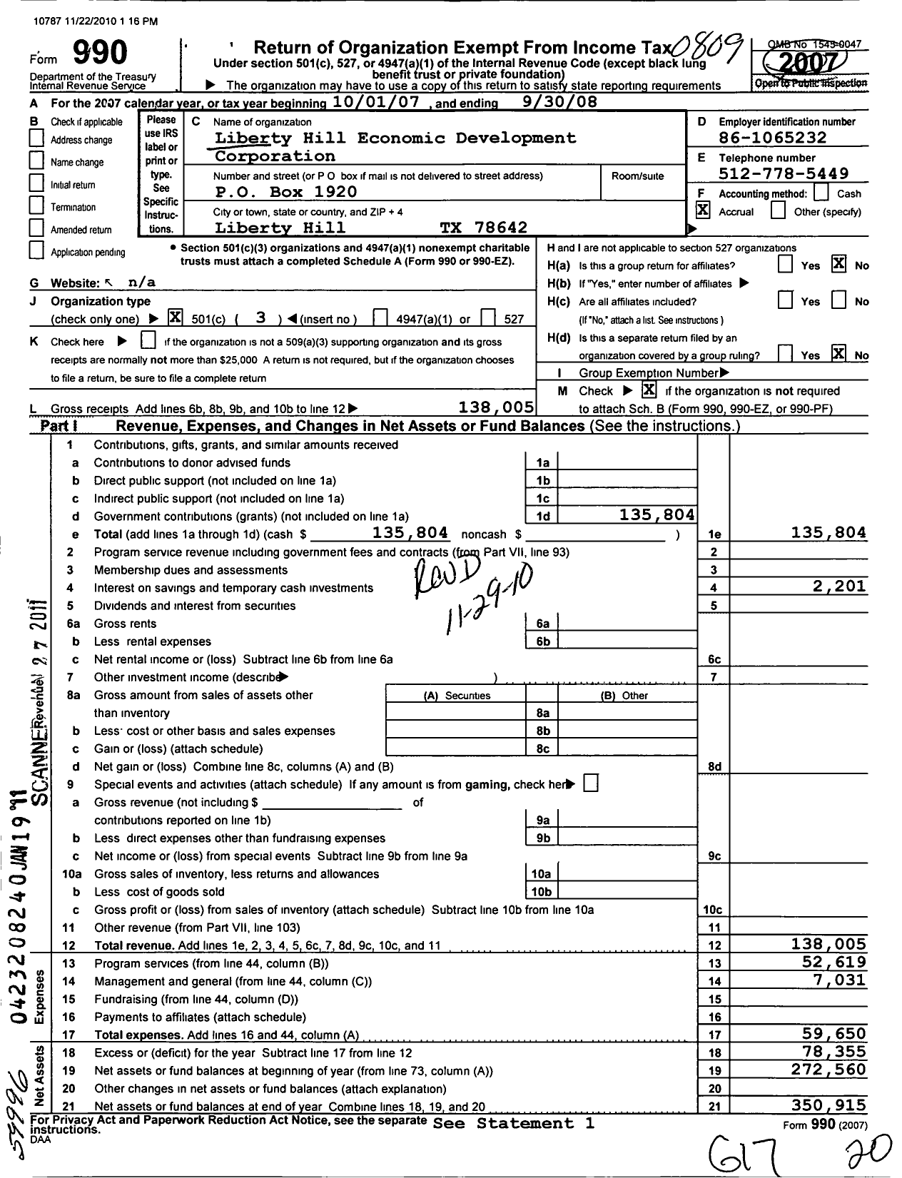 Image of first page of 2007 Form 990 for Liberty Hill Economic Development Corporation