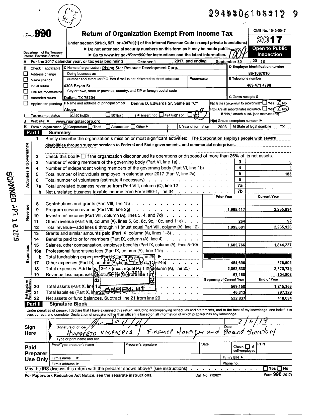 Image of first page of 2017 Form 990 for Rising Star Resource Development Corporation