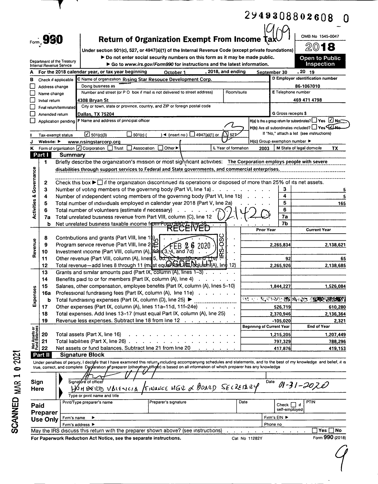 Image of first page of 2018 Form 990 for Rising Star Resource Development Corporation