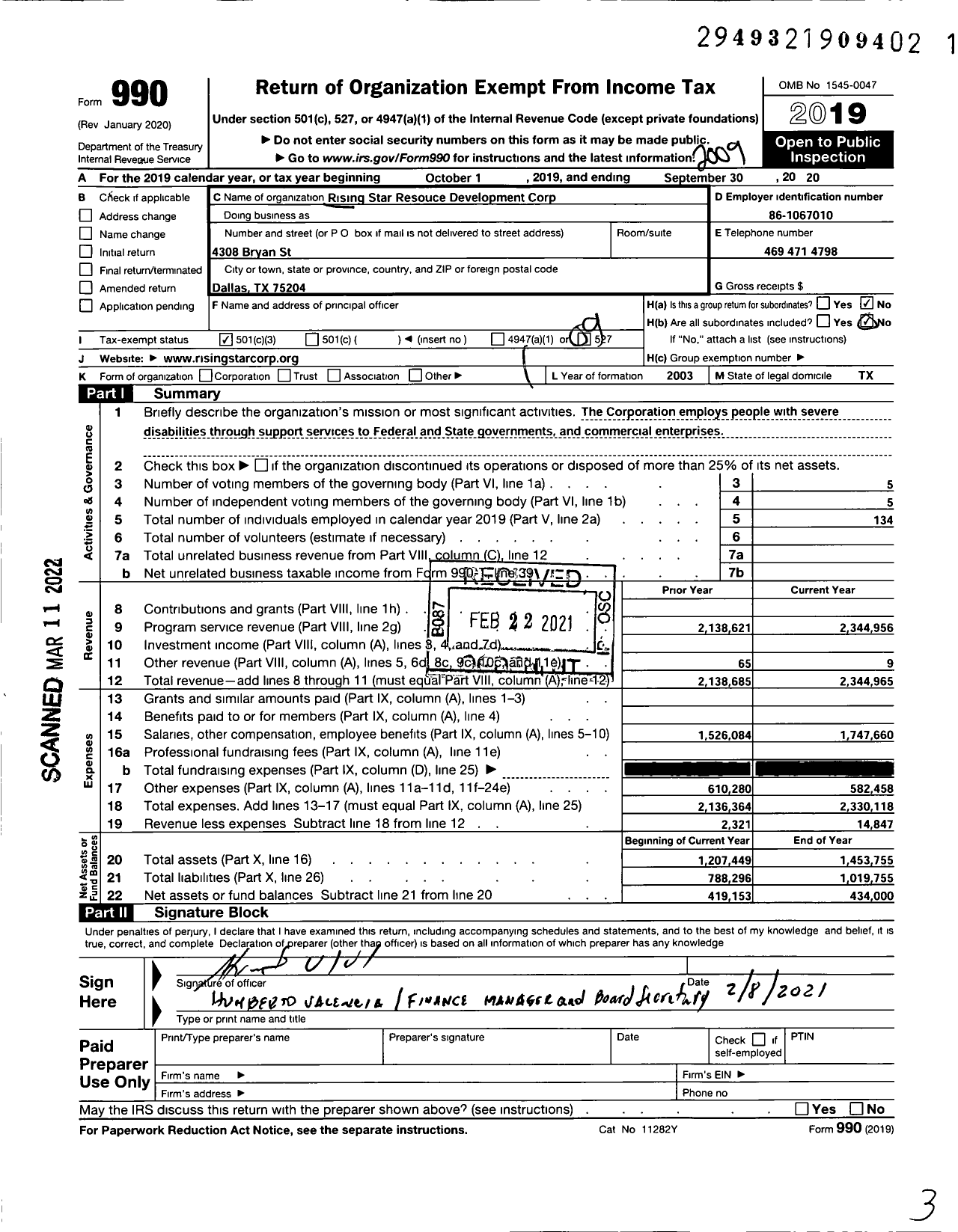 Image of first page of 2019 Form 990O for Rising Star Resource Development Corporation