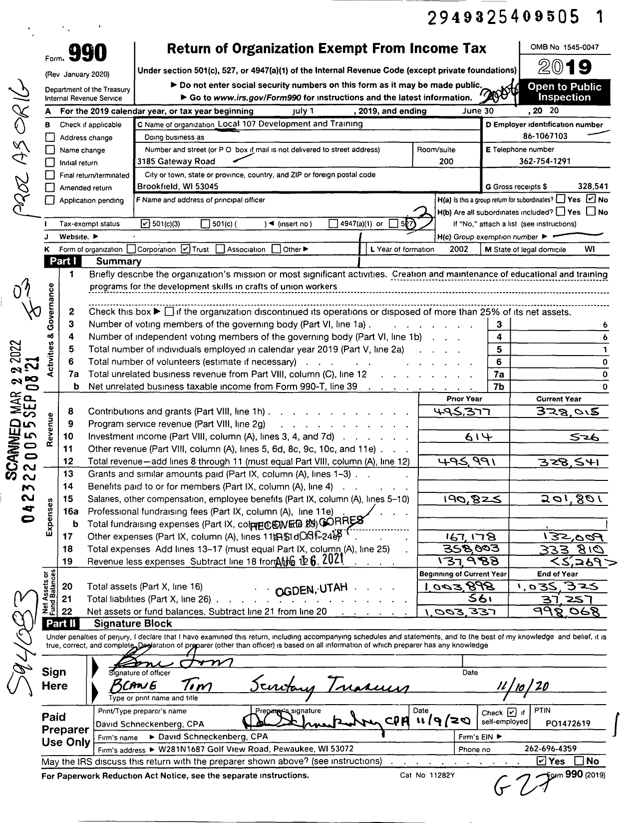 Image of first page of 2019 Form 990 for Local 107 Development and Training Fund