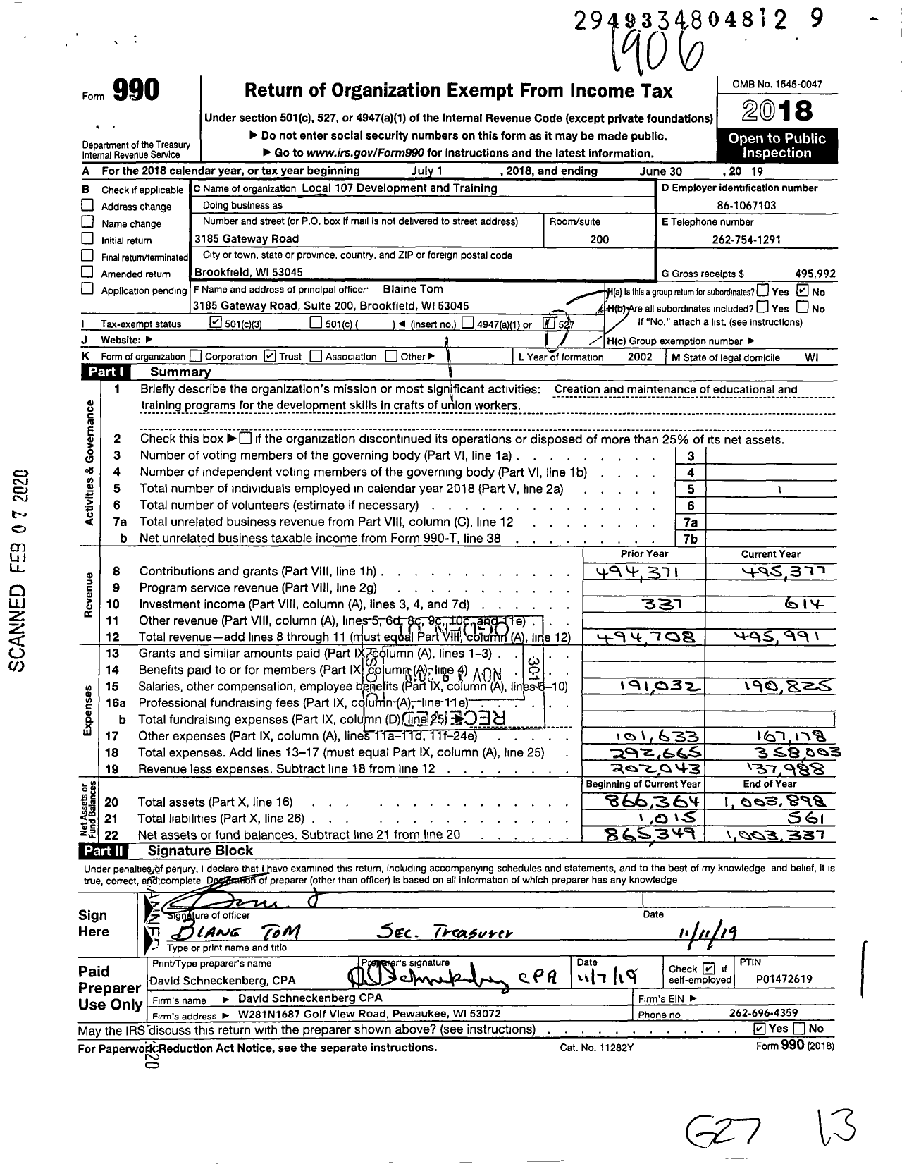 Image of first page of 2018 Form 990 for Local 107 Development and Training Fund