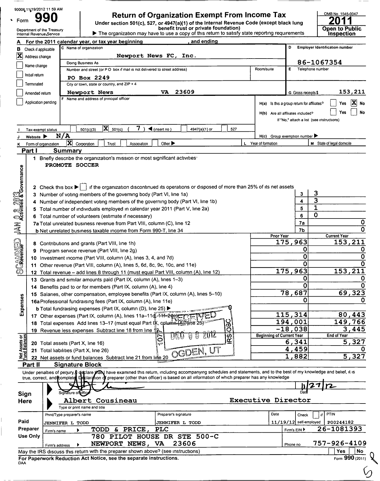 Image of first page of 2011 Form 990O for Newport News FC