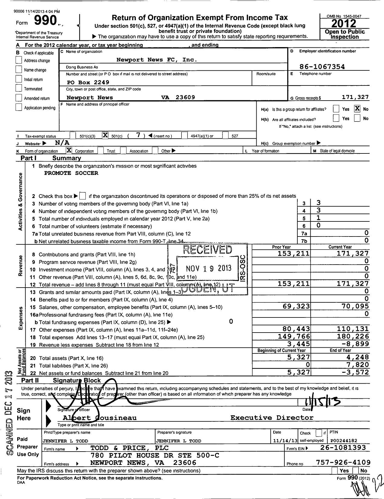 Image of first page of 2012 Form 990O for Newport News FC