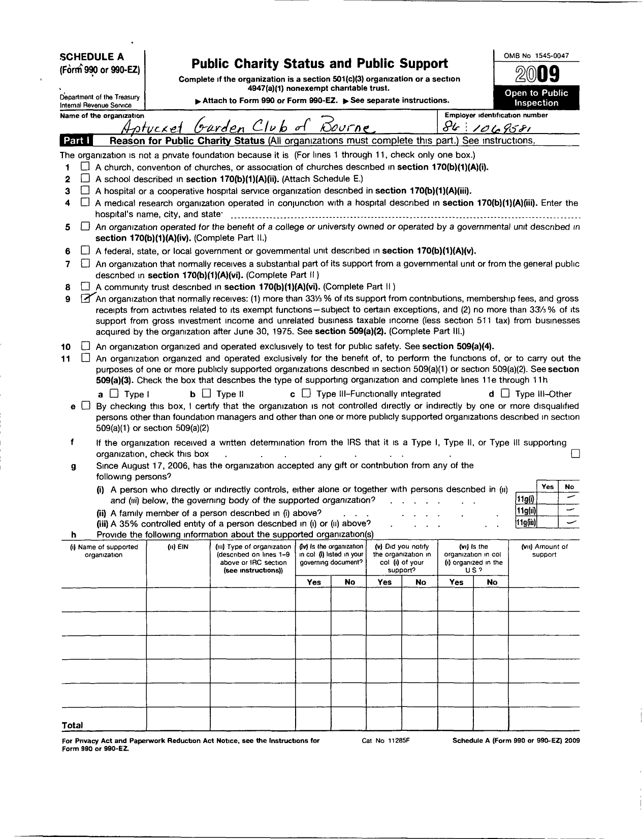 Image of first page of 2009 Form 990ER for Garden Club Federation of Massachusetts / Aptucxet Garden Club of Bourne