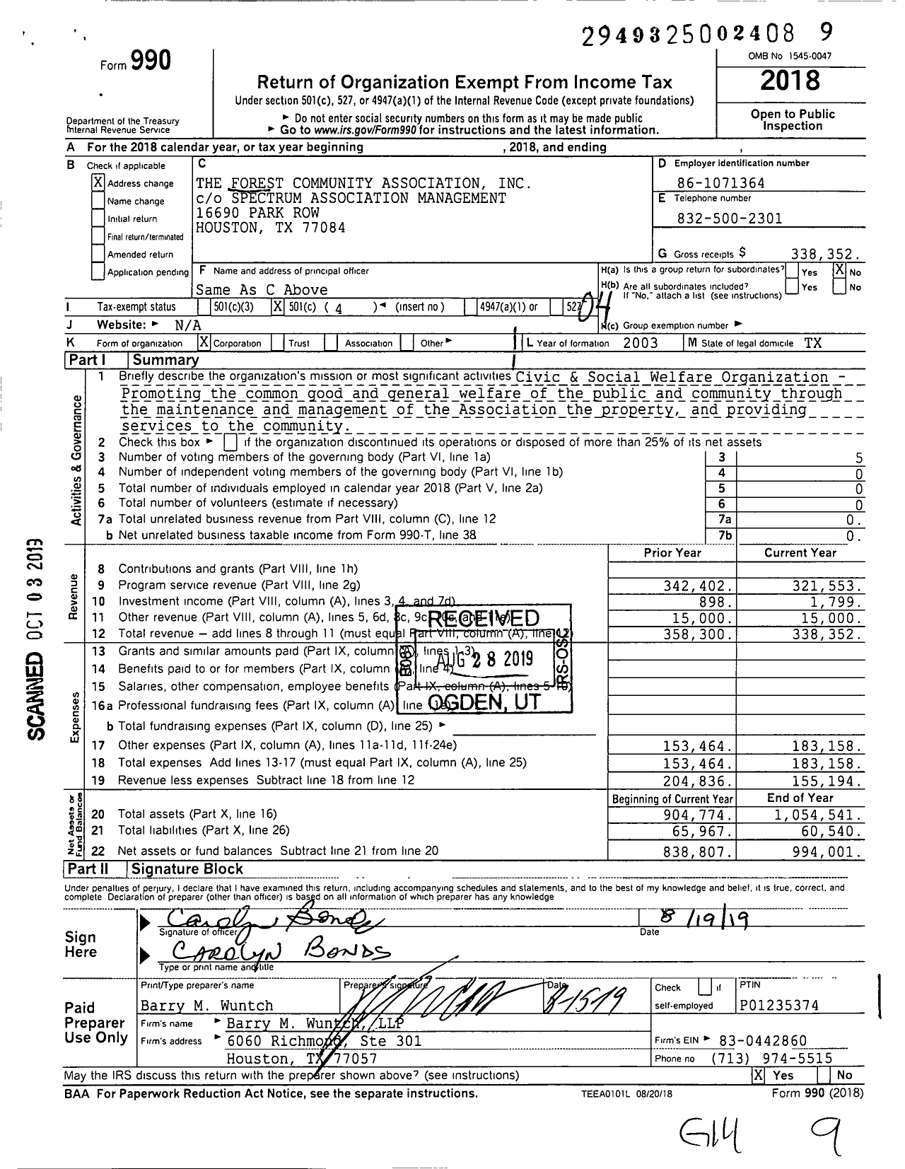 Image of first page of 2018 Form 990O for The Forest Community Association