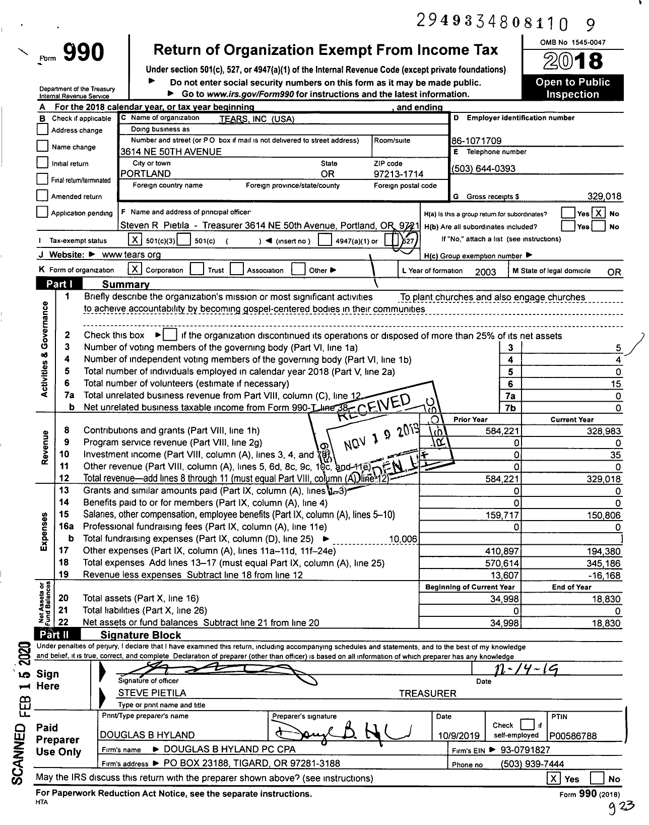 Image of first page of 2018 Form 990 for Tears