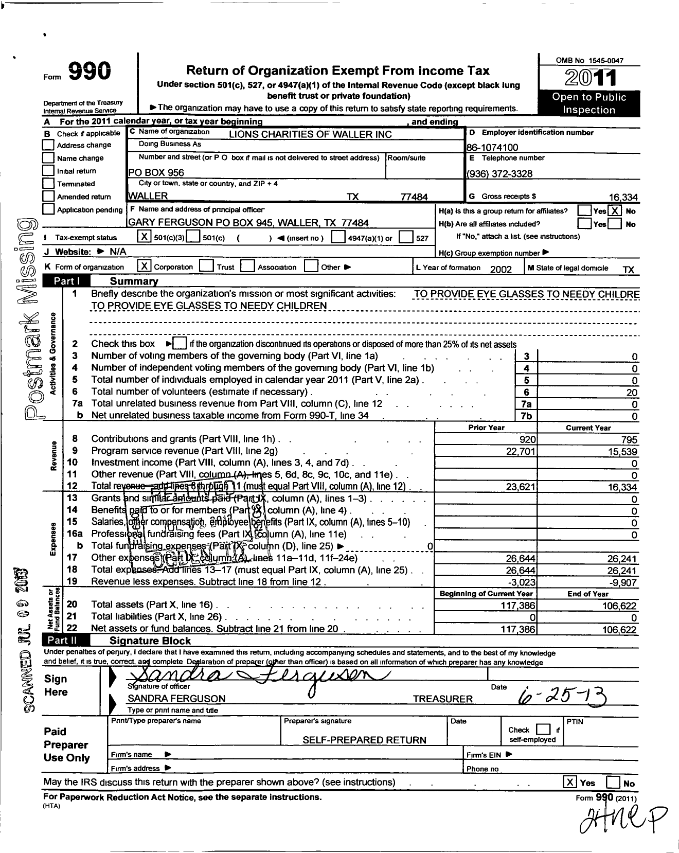 Image of first page of 2011 Form 990 for Lions Charities of Waller