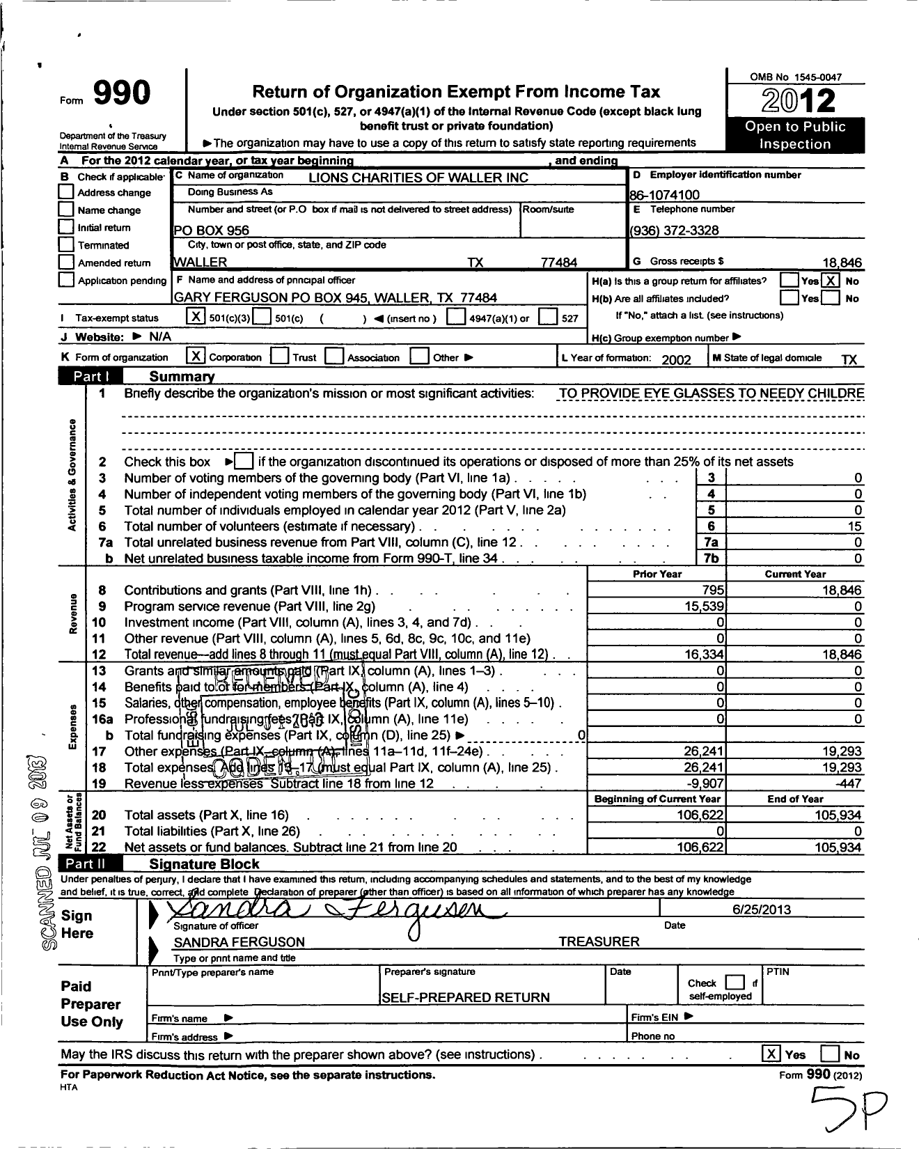 Image of first page of 2012 Form 990 for Lions Charities of Waller