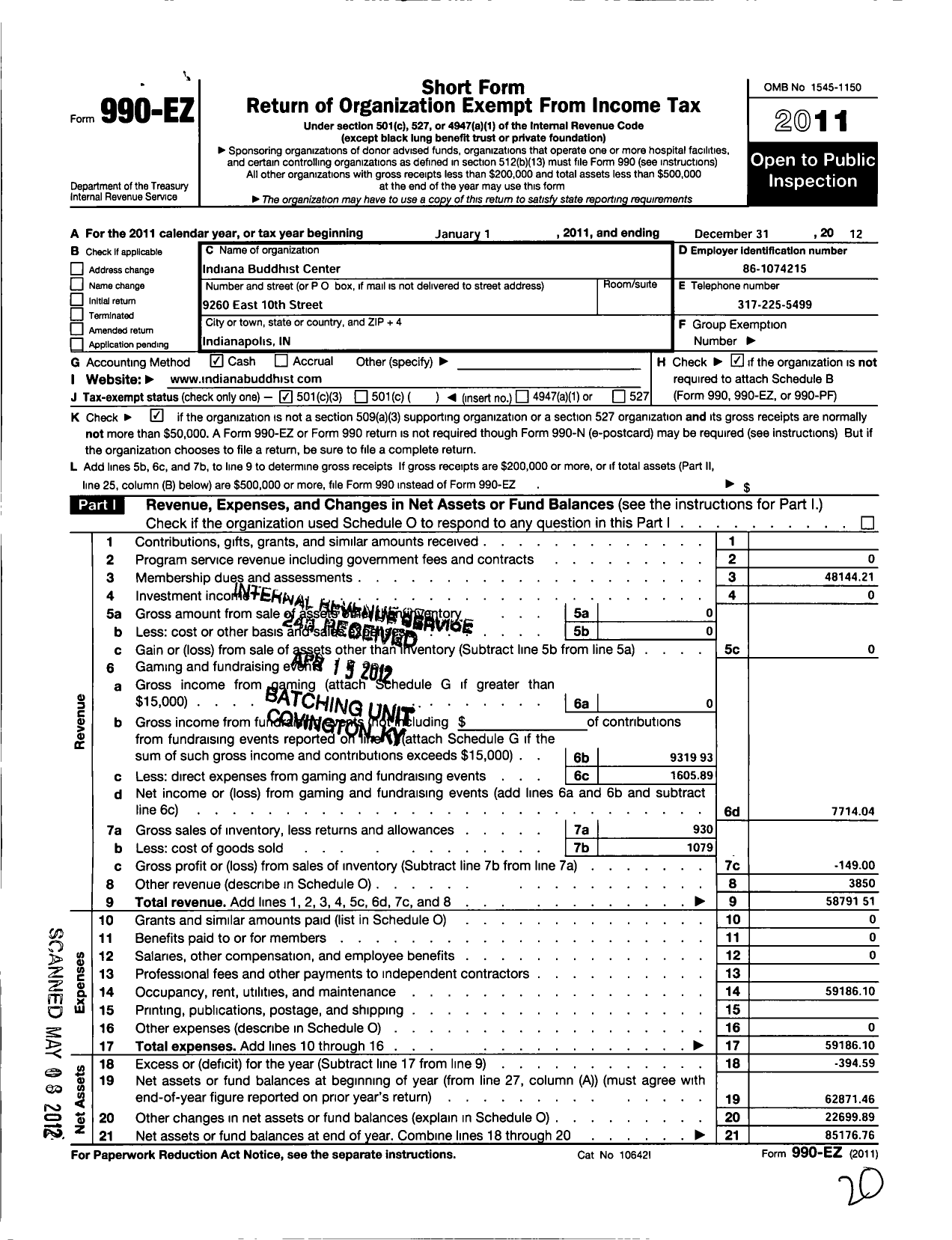 Image of first page of 2012 Form 990EZ for Indiana Buddhist Center