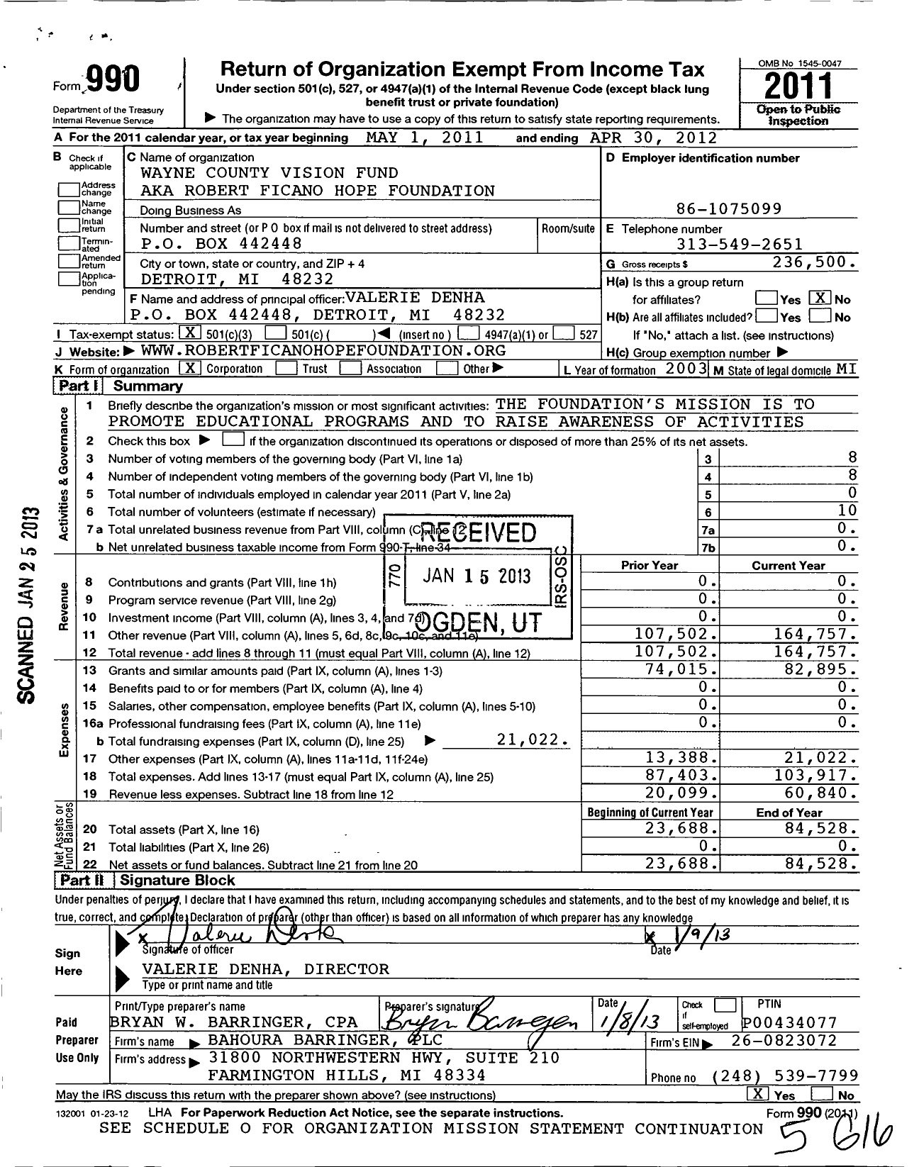 Image of first page of 2011 Form 990 for Wayne County Vision Fund