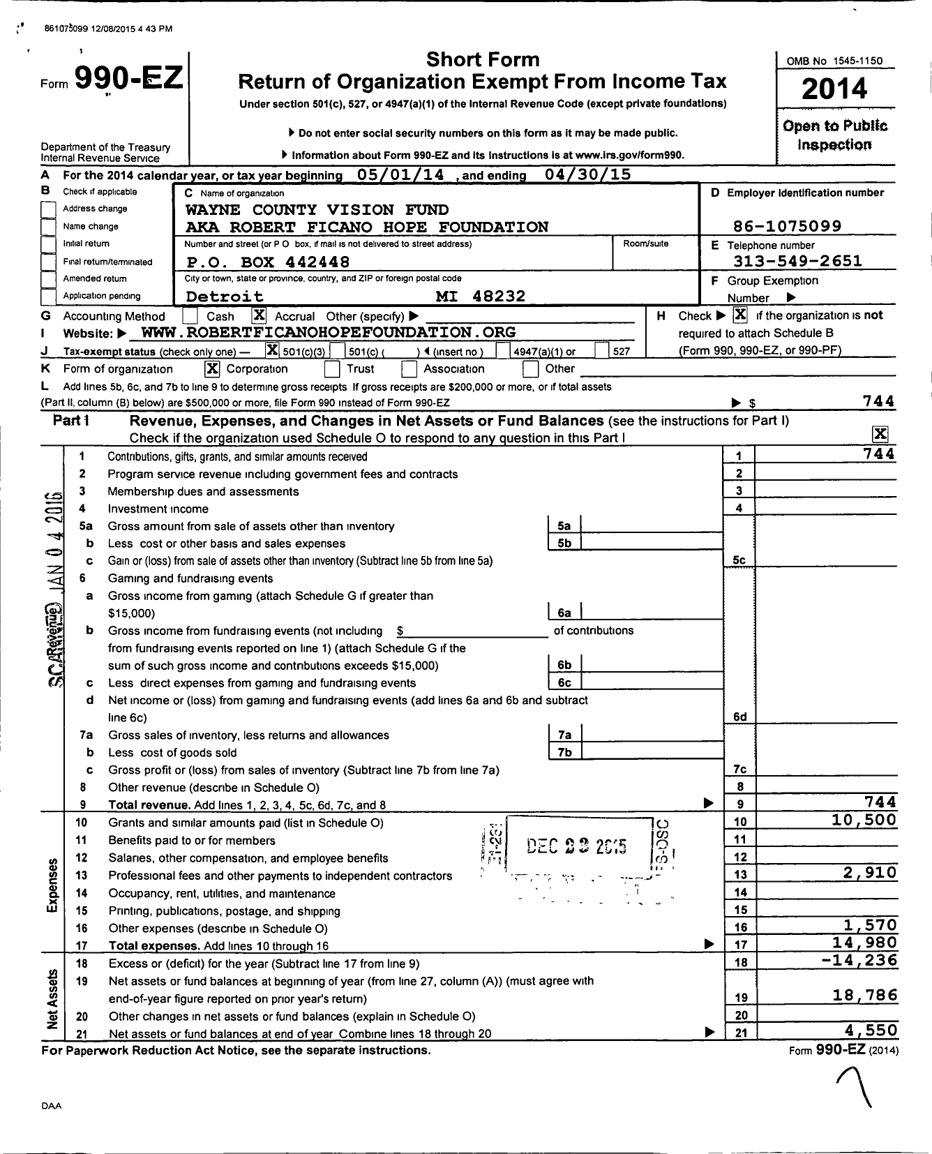 Image of first page of 2014 Form 990EZ for Wayne County Vision Fund