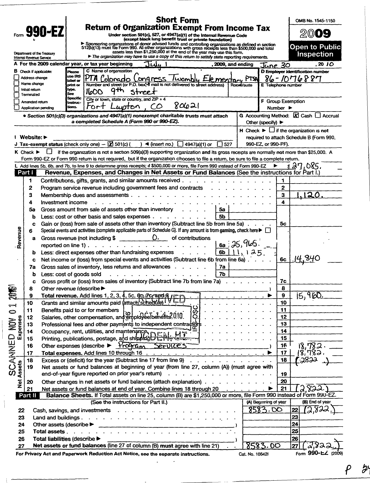 Image of first page of 2009 Form 990EO for PTA Colorado Congress / Twombly Elementary Ptsa