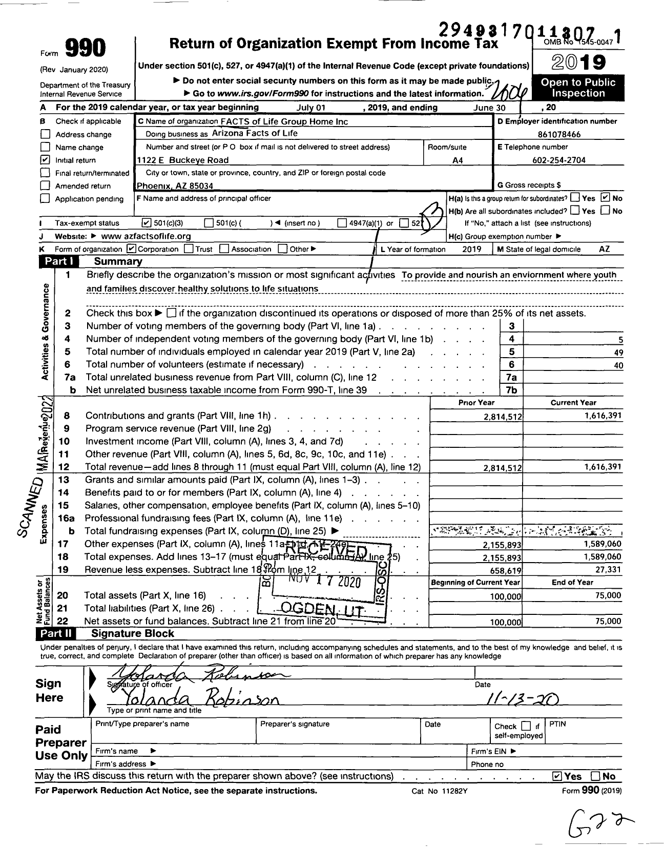 Image of first page of 2019 Form 990 for Facts of Life Group Home