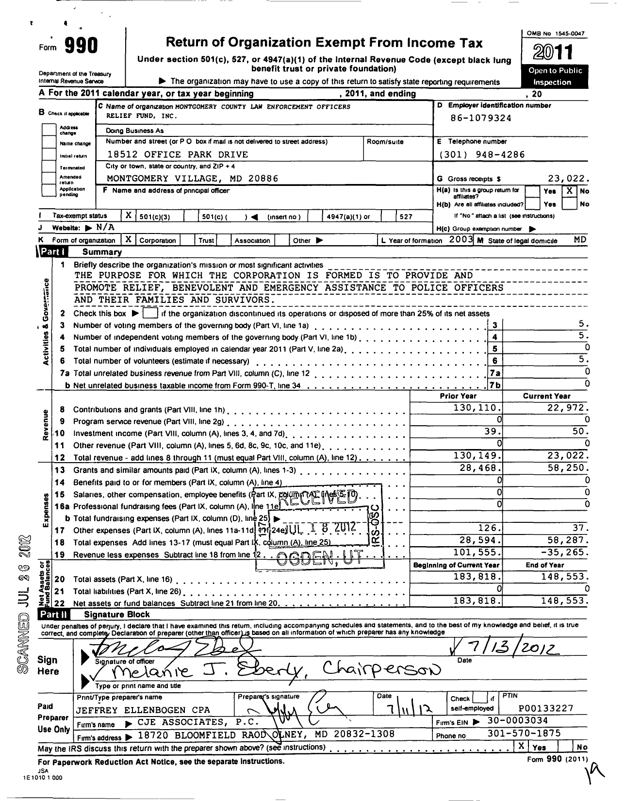 Image of first page of 2011 Form 990 for Montgomery County Law Enforcement Officers Relief Fund