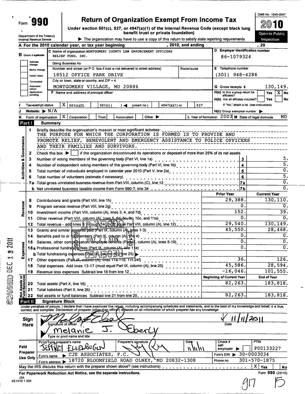 Image of first page of 2010 Form 990 for Montgomery County Law Enforcement Officers Relief Fund