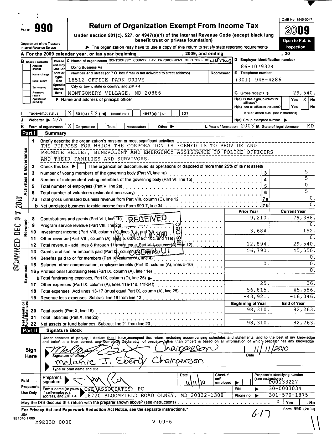 Image of first page of 2009 Form 990 for Montgomery County Law Enforcement Officers Relief Fund