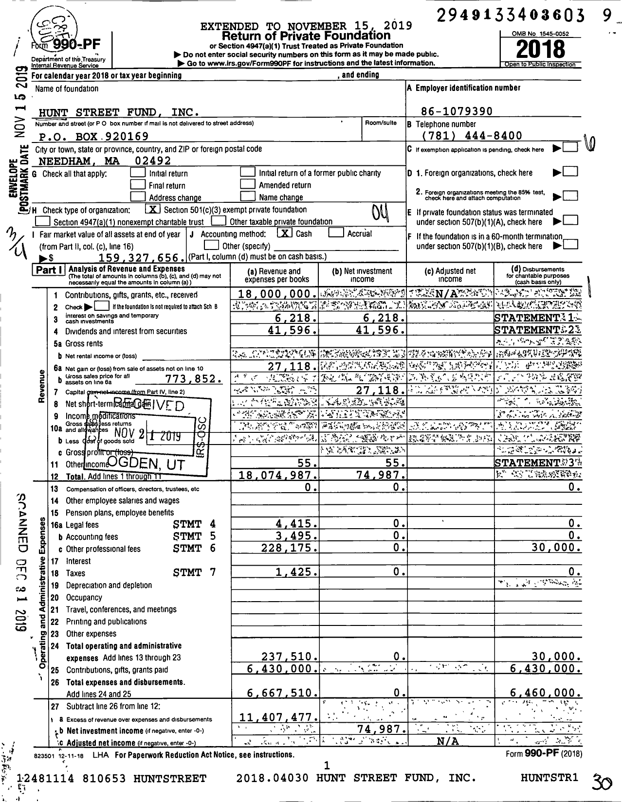 Image of first page of 2018 Form 990PF for Hunt Street Fund